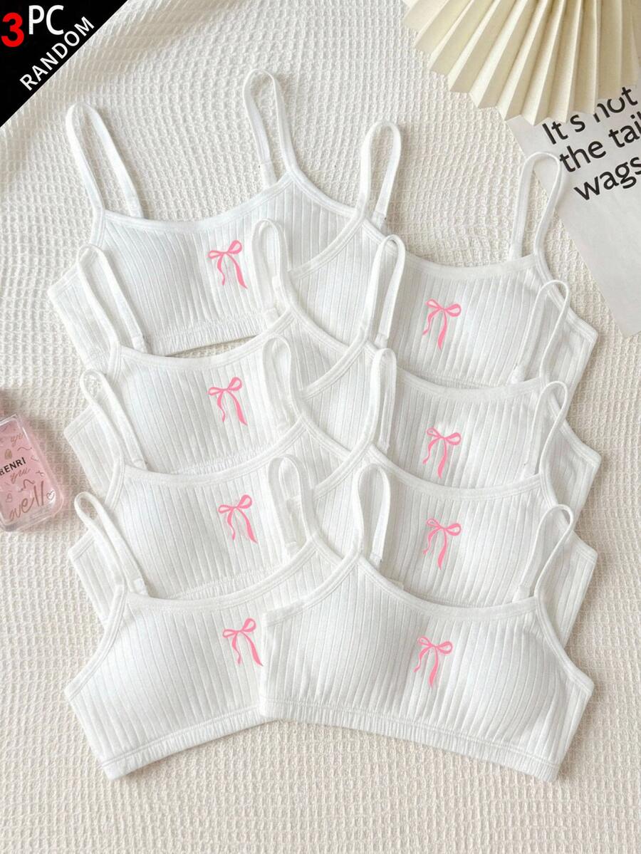 SHEIN Tween Girl KIDS Simple Casual Square Neck Camisole With Padded Cups, Skin-Friendly Comfortable Bow Pattern Embroidered Underwear, Student Bra, Ribbed 3 Pieces Set, White, All Season - White - View 1