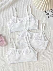 SHEIN Tween女孩兒童款簡約休閒方領內衣背心，附胸墊杯，親膚舒適蝴蝶結刺繡內褲，學生內衣，羅紋3件套，白色，四季皆宜 - 白色 - 查看 4