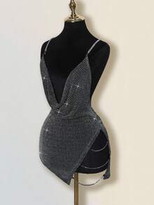 SHEIN ICON Exaggerated V Neck, Rhinestone Decor, Backless Sexy Criss-Cross High Slit Mini Dress Night Out Black And Silver Summer - Black - View 8