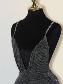 SHEIN ICON Exaggerated V Neck, Rhinestone Decor, Backless Sexy Criss-Cross High Slit Mini Dress Night Out Black And Silver Summer - Black - View 5