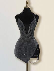 SHEIN ICON Exaggerated V Neck, Rhinestone Decor, Backless Sexy Criss-Cross High Slit Mini Dress Night Out Black And Silver Summer - Black - View 2
