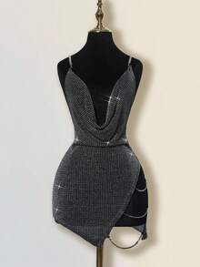 SHEIN ICON Exaggerated V Neck, Rhinestone Decor, Backless Sexy Criss-Cross High Slit Mini Dress Night Out Black And Silver Summer - Black - View 4