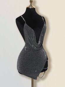 SHEIN ICON Exaggerated V Neck, Rhinestone Decor, Backless Sexy Criss-Cross High Slit Mini Dress Night Out Black And Silver Summer - Black - View 7