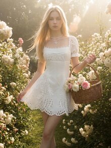 SHEIN ICON 优雅度假风镂空刺绣露背迷你连衣裙 - 白色 - 查看 7