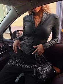 SHEIN ICON Zip Up PU Leather Jacket In Fall/Winter - Black - View 3
