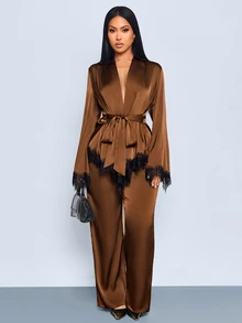SOLERSUN Women's Autumn/Winter Elegant Satin Lace Hem V-Neck Wrap Long Sleeve Cinched Waist Blouse With Pocket Long Pants 2-Piece Set, Commuter Fashion Elegant Outfit - Coffee Brown - View 7