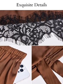 SOLERSUN Women's Autumn/Winter Elegant Satin Lace Hem V-Neck Wrap Long Sleeve Cinched Waist Blouse With Pocket Long Pants 2-Piece Set, Commuter Fashion Elegant Outfit - Coffee Brown - View 9