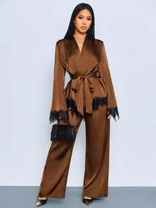 SOLERSUN Women's Autumn/Winter Elegant Satin Lace Hem V-Neck Wrap Long Sleeve Cinched Waist Blouse With Pocket Long Pants 2-Piece Set, Commuter Fashion Elegant Outfit - Coffee Brown - View 4