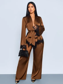 SOLERSUN Women's Autumn/Winter Elegant Satin Lace Hem V-Neck Wrap Long Sleeve Cinched Waist Blouse With Pocket Long Pants 2-Piece Set, Commuter Fashion Elegant Outfit - Coffee Brown - View 5