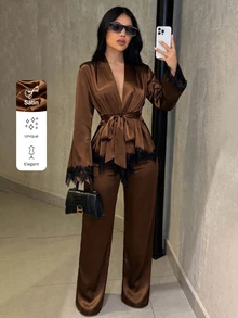 SOLERSUN Women's Autumn/Winter Elegant Satin Lace Hem V-Neck Wrap Long Sleeve Cinched Waist Blouse With Pocket Long Pants 2-Piece Set, Commuter Fashion Elegant Outfit - Coffee Brown - View 1