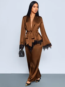 SOLERSUN Women's Autumn/Winter Elegant Satin Lace Hem V-Neck Wrap Long Sleeve Cinched Waist Blouse With Pocket Long Pants 2-Piece Set, Commuter Fashion Elegant Outfit - Coffee Brown - View 3