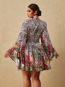 Travachic CURVE+ Leopard & Tropical Floral Print V-Neck Flare Sleeve Mini Dress , Ruched Waist Fall Dress For Going Out,Holiday Outfits,Chic Dress,Festival - Brown - View 2