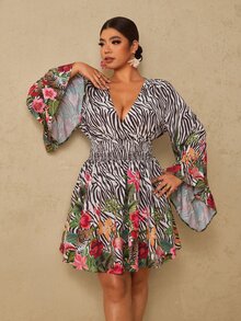 Travachic CURVE+ Leopard & Tropical Floral Print V-Neck Flare Sleeve Mini Dress , Ruched Waist Fall Dress For Going Out,Holiday Outfits,Chic Dress,Festival - Brown - View 7
