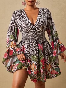 Travachic CURVE+ Leopard & Tropical Floral Print V-Neck Flare Sleeve Mini Dress , Ruched Waist Fall Dress For Going Out,Holiday Outfits,Chic Dress,Festival - Brown - View 3