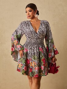 Travachic CURVE+ Leopard & Tropical Floral Print V-Neck Flare Sleeve Mini Dress , Ruched Waist Fall Dress For Going Out,Holiday Outfits,Chic Dress,Festival - Brown - View 4
