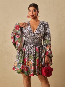 Travachic CURVE+ Leopard & Tropical Floral Print V-Neck Flare Sleeve Mini Dress , Ruched Waist Fall Dress For Going Out,Holiday Outfits,Chic Dress,Festival - Brown - View 5