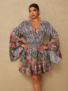 Travachic CURVE+ Leopard & Tropical Floral Print V-Neck Flare Sleeve Mini Dress , Ruched Waist Fall Dress For Going Out,Holiday Outfits,Chic Dress,Festival - Brown - View 6