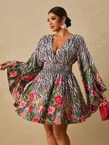 Travachic CURVE+ Leopard & Tropical Floral Print V-Neck Flare Sleeve Mini Dress , Ruched Waist Fall Dress For Going Out,Holiday Outfits,Chic Dress,Festival - Brown - View 1