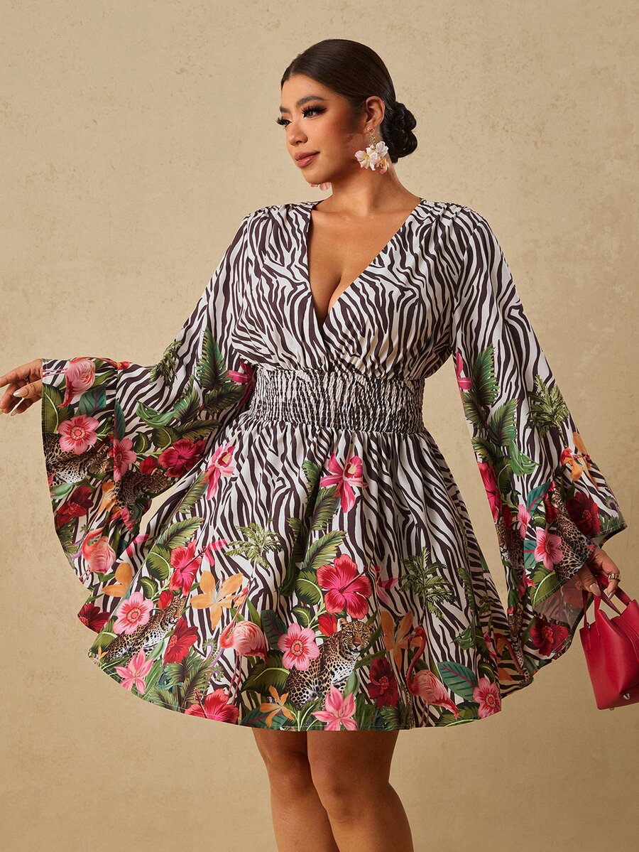 Travachic CURVE+ Leopard & Tropical Floral Print V-Neck Flare Sleeve Mini Dress , Ruched Waist Fall Dress For Going Out,Holiday Outfits,Chic Dress,Festival - Brown - View 1