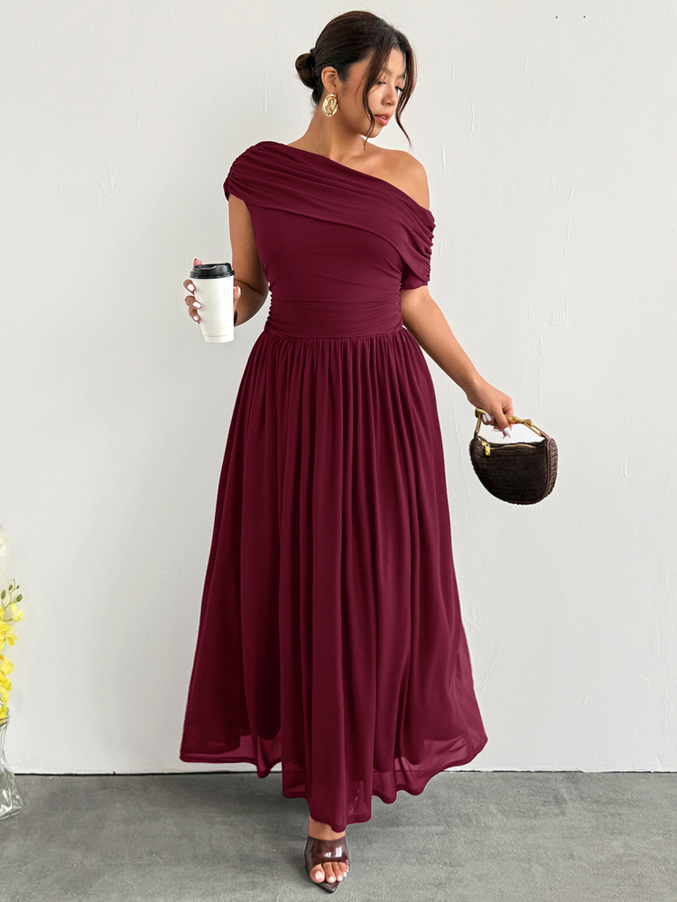 Firerie New Elegant Solid Color Asymmetric Collar Plus Size Women's Dress - Red - View 7