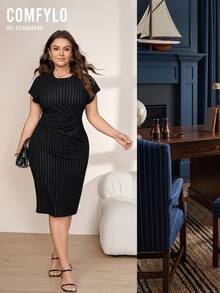 Comfylo Plus Size Elegant Striped Pleated Waist Dress Business - Black - View 8