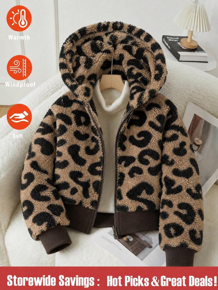 1pc Girls Leopard Print Fuzzy Hooded Long Sleeve Zipper Front Cuffed Waist Short Jacket Knit Fuzzy Jacket Outerwear Autumn/Winter Fall Clothes, Fall, Back To School, School, School Clothes - Brown - View 3