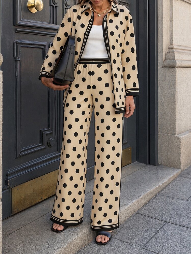 Rue Lumi Lady Cream Polka Dot Lapel Open Front Blouse, Contrast Striped Piping Long Sleeve Casual Cardigan Top For Early Autumn Daily Outing Resort Leisure - Multicolor - View 9