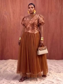 Veslaya Spring/Summer Women's Plus Size New Bold, Classy Feminine Style Tummy Control Fit Breathable Elegant Romantic Classic Print Puff Sleeve Patchwork A-Line Tulle Dress - Brown - View 3