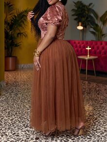 Veslaya Spring/Summer Women's Plus Size New Bold, Classy Feminine Style Tummy Control Fit Breathable Elegant Romantic Classic Print Puff Sleeve Patchwork A-Line Tulle Dress - Brown - View 2