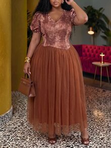 Veslaya Spring/Summer Women's Plus Size New Bold, Classy Feminine Style Tummy Control Fit Breathable Elegant Romantic Classic Print Puff Sleeve Patchwork A-Line Tulle Dress - Brown - View 7