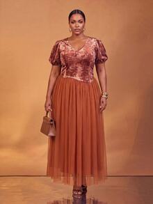 Veslaya Spring/Summer Women's Plus Size New Bold, Classy Feminine Style Tummy Control Fit Breathable Elegant Romantic Classic Print Puff Sleeve Patchwork A-Line Tulle Dress - Brown - View 4