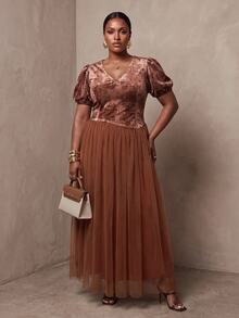 Veslaya Spring/Summer Women's Plus Size New Bold, Classy Feminine Style Tummy Control Fit Breathable Elegant Romantic Classic Print Puff Sleeve Patchwork A-Line Tulle Dress - Brown - View 6