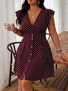 SHEIN Essnce Plus Size Korean Style Polka Dot Print Button Sweet Dress - Burgundy - View 1