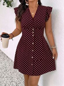 SHEIN Essnce Plus Size Korean Style Polka Dot Print Button Sweet Dress - Burgundy - View 4