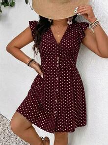 SHEIN Essnce Plus Size Korean Style Polka Dot Print Button Sweet Dress - Burgundy - View 6