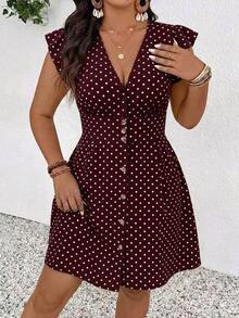 SHEIN Essnce Plus Size Korean Style Polka Dot Print Button Sweet Dress - Burgundy - View 5