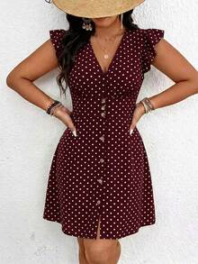 SHEIN Essnce Plus Size Korean Style Polka Dot Print Button Sweet Dress - Burgundy - View 3