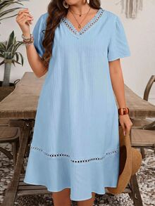 Rosumi Plus Size Women's Spliced Lace V-Neck Short Sleeve Casual Boho Bohemian Dress Vacation Baby Blue Summer Brunch - Blue - View 3