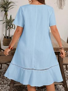 Rosumi Plus Size Women's Spliced Lace V-Neck Short Sleeve Casual Boho Bohemian Dress Vacation Baby Blue Summer Brunch - Blue - View 4