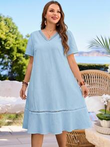 Rosumi Plus Size Women's Spliced Lace V-Neck Short Sleeve Casual Boho Bohemian Dress Vacation Baby Blue Summer Brunch - Blue - View 1