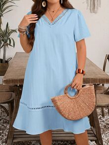 Rosumi Plus Size Women's Spliced Lace V-Neck Short Sleeve Casual Boho Bohemian Dress Vacation Baby Blue Summer Brunch - Blue - View 6