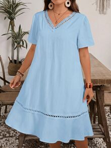 Rosumi Plus Size Women's Spliced Lace V-Neck Short Sleeve Casual Boho Bohemian Dress Vacation Baby Blue Summer Brunch - Blue - View 5