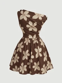 SHEIN MOD Plus Floral Print Asymmetrical Neck Dress - Brown - View 4