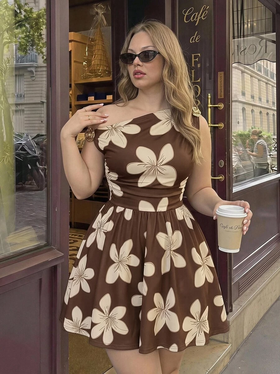 SHEIN MOD Plus Floral Print Asymmetrical Neck Dress - Brown - View 1