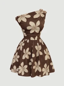 SHEIN MOD Plus Floral Print Asymmetrical Neck Dress - Brown - View 3