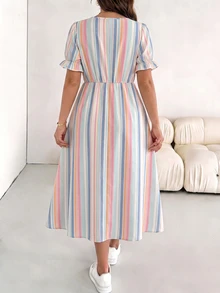 SHEIN Essnce 休閒簡約條紋印花大尺碼女款洋裝，適合夏季、約會、派對 - 彩色 - 查看 2