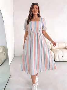 SHEIN Essnce 休閒簡約條紋印花大尺碼女款洋裝，適合夏季、約會、派對 - 彩色 - 查看 4