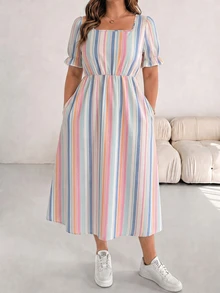 SHEIN Essnce 休閒簡約條紋印花大尺碼女款洋裝，適合夏季、約會、派對 - 彩色 - 查看 3
