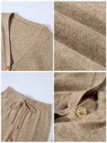 Franclia 新款休閒寬鬆居家服舒適極簡卡其色女款針織衫兩件套 - 杏色 - 查看 4