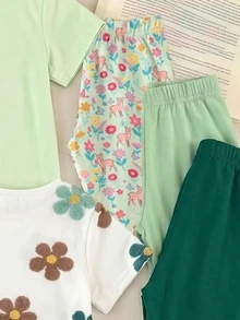 SHEIN 3套女童花卉、公主、字母與雛菊圖案休閒百搭圓領短袖T恤+內搭褲套裝，適合日常穿著、度假，舒適自在，休閒風格，花卉圖案服飾，適合女童輕鬆休閒穿搭 - 彩色 - 查看 7